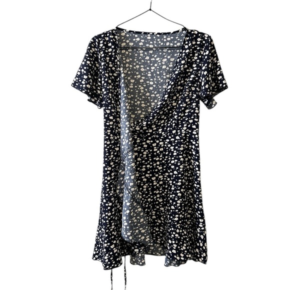 Navy Blue Floral Wrap Mini Dress - Picture 2 of 4